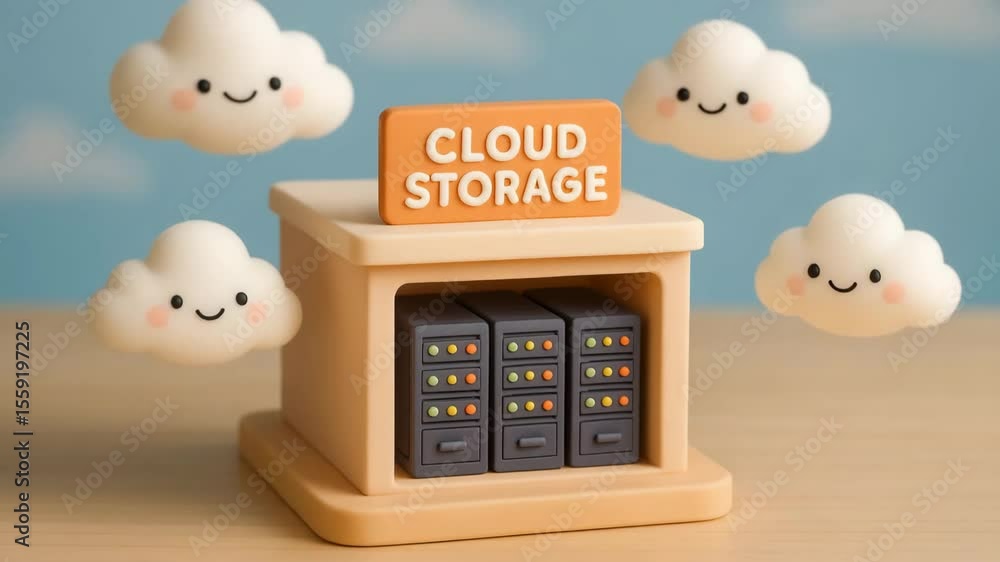 Poster a playful representation of cloud storage with cute cloud figures hovering above a storage facility.