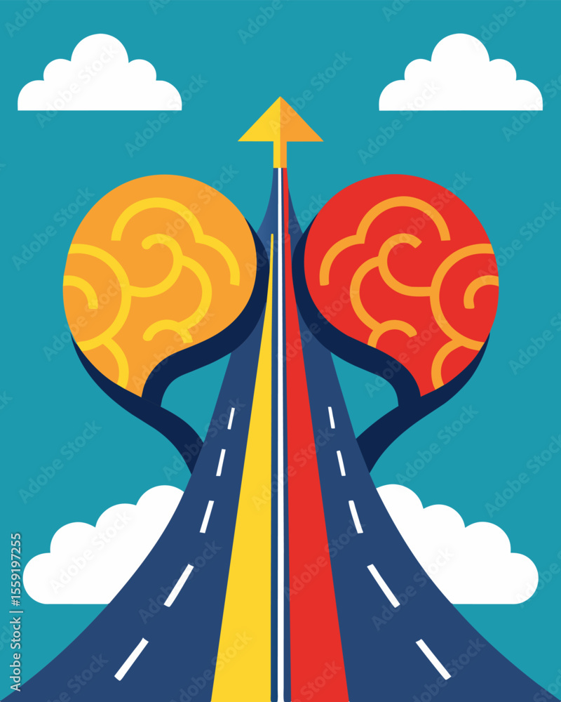 Aufkleber the mind as a divided highway with two opposing lanes clashing and causing dissonance.. vector illus