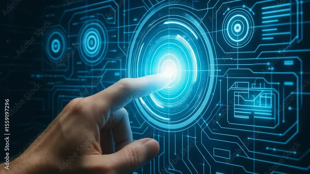 Poster a hand reaching out to touch a glowing digital interface, symbolizing interaction with futuristic te