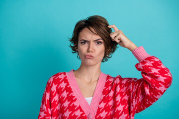 Photo portrait of pretty young girl confused scratch head wear trendy red outfit isolated on...