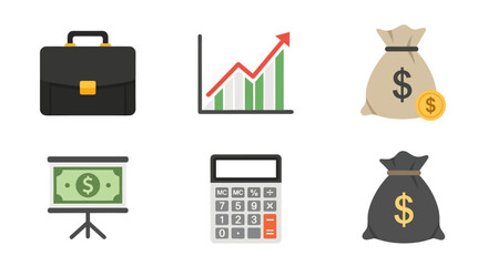 Business and Finance Icons Briefcase Graph Money Bags Presentation Calculator.