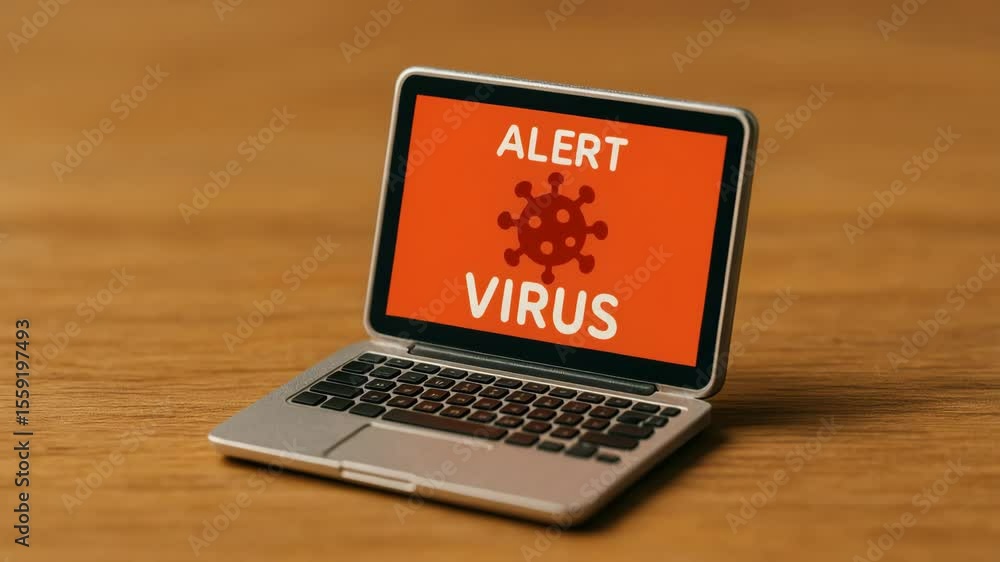Poster a laptop displaying a virus alert on its screen, showcasing the importance of cybersecurity in the d