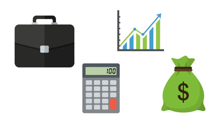 Business icons Black briefcase financial chart calculator and money bag.