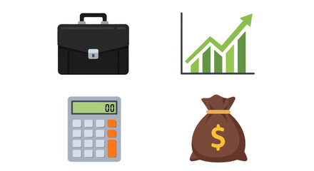 Business icons Black briefcase green growth chart calculator and money bag.