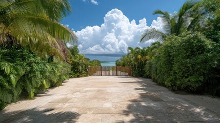 Obraz premium Sandy Path Leads To Turquoise Ocean View Framed By Green Foliage and a Bright Cloudy Sky