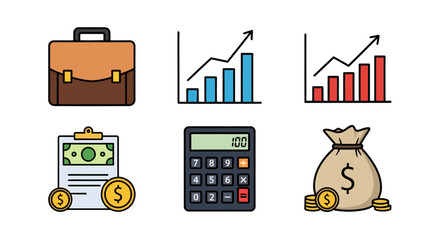 Business icons briefcase charts money on clipboard calculator and money bag.