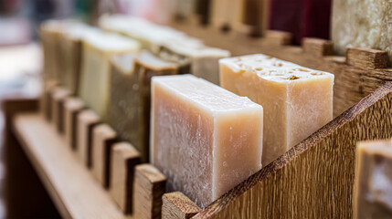 Pattern natural handmade soap of different sizes and colors. Brown background shadows of flowers from the sun. Cosmetic pedestal for product promotion.