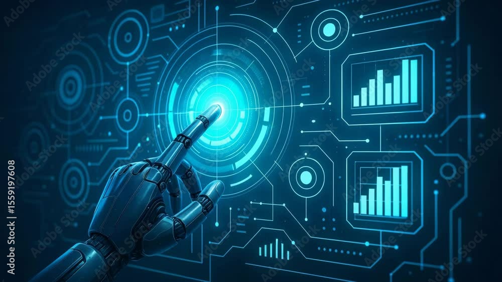 Aufkleber a futuristic robotic hand reaching out to interact with a digital interface filled with glowing grap
