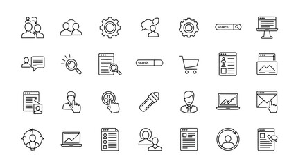 Collection of Black and White Line Art Icons Representing Business and Technology.