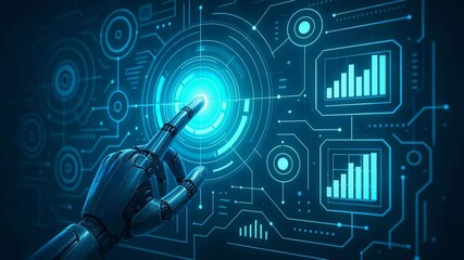 A futuristic robotic hand reaching out to interact with a digital interface filled with glowing graphs, buttons, and data displays, showcasing advanced technology and innovation. - Powered by Adobe