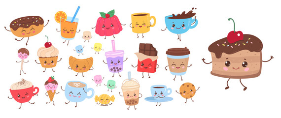Vector illustration of funny dessert and beverage characters with happy faces. Cartoon kawaii isolated set.