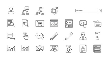 Collection of Black Line Style Business and Technology Icons on Transparent Background.