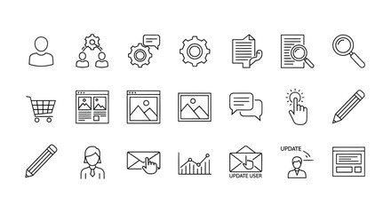 Collection of Minimalist Black Line Icons Representing Various Concepts and Actions.