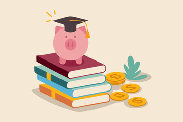 Education fund, collect money for school, college and university cost or student scholarship or loan concept, pink piggy bank wearing graduated hat on stack on school textbooks and dollar money coins.