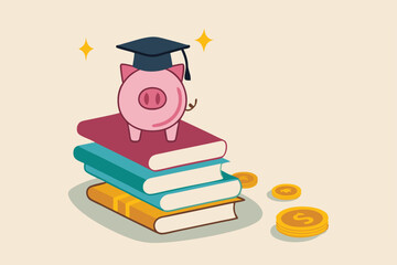 Education fund, collect money for school, college and university cost or student scholarship or loan concept, pink piggy bank wearing graduated hat on stack on school textbooks and dollar money coins.