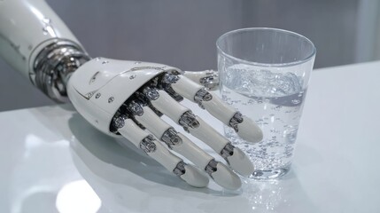 Close-up of a white robotic hand holding a transparent glass of sparkling water on a reflective surface ideal for AI technology showcases, futuristic health visuals and robotics product designs