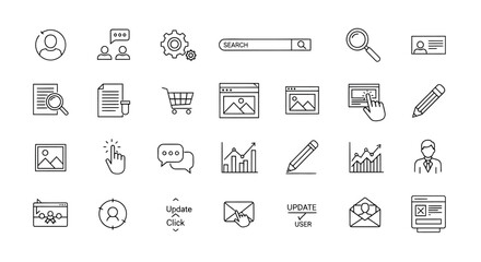 Collection of Minimalist Line Art Icons Representing Various Online Activities 1.