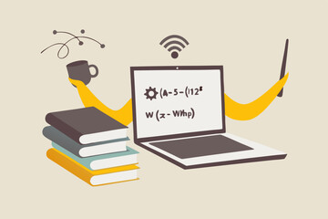 Online e-learning, teaching via internet course or study online at home in Coronavirus COVID-19 outbreak concept, computer laptop with math equation on display with hands as professor or teacher.