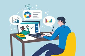 Online study learning course or internet education webinar, remote e-learning, teaching online or exam, test, knowledge wisdom concept, young man study online course on computer laptop at home.