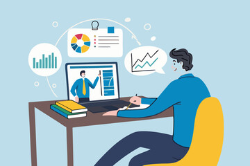 Online study learning course or internet education webinar, remote e-learning, teaching online or exam, test, knowledge wisdom concept, young man study online course on computer laptop at home.