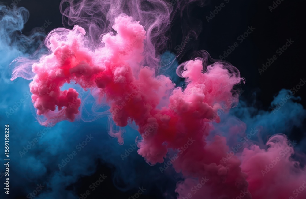 Aufkleber Abstract colorful paint smoke on black background. Dynamic swirling shapes create soft cloud effect. Pink, blue ink splash motion. Minimalist design for poster, cover, art, backdrop.