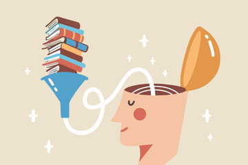 Read book fast to learning new lesson, education or studying, inspiration or easy learning, literature or intelligence information, schooling concept, book stack in funnel easy to flow in human head.