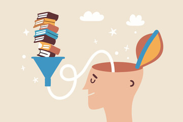 Read book fast to learning new lesson, education or studying, inspiration or easy learning, literature or intelligence information, schooling concept, book stack in funnel easy to flow in human head.