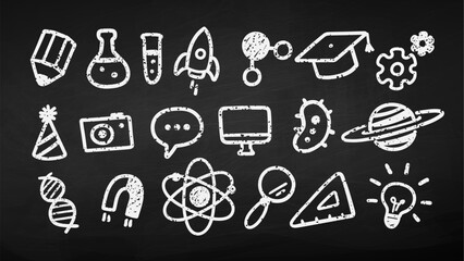 Vector illustration of white chalk-style education and science icons on blackboard background. Grunge hand drawn set.