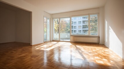 Obraz premium Bright sunlit modern empty apartment interior with wooden parquet flooring and large windows showing city view perfect for real estate promotions, rental ads and architecture portfolios