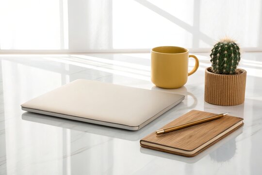 Minimalist White Laptop Setup with Succulent Plant and Yellow Mug on Marble Desk - Powered by Adobe