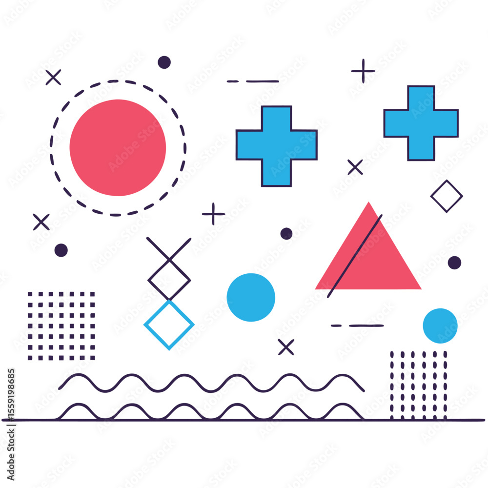 Poster abstract geometric shapes and patterns with a retro memphis style vibe