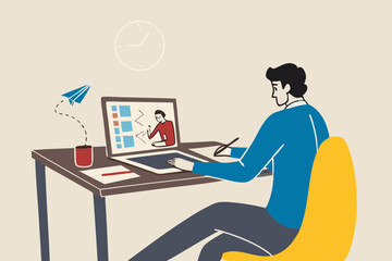 Study online course, learning new skill from internet or e-learning website, training or online class for knowledge concept, young adult employee studying online course on computer laptop.