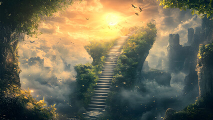 4K Stairs to Heaven in beautiful cloudy sky picture stairway to Paradise scenery Paradise's stairs image Paradise stairway picture stairway to Heaven in the mountain image