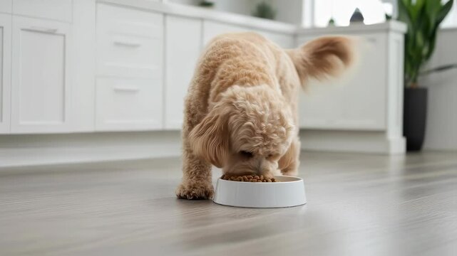 Cute dog joyfully eating in modern kitchen setting with playful energy