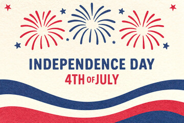 Fototapeta premium 4th of July, Independence Day vintage greeting card with wavy ribbon and fireworks in flat paper texture design