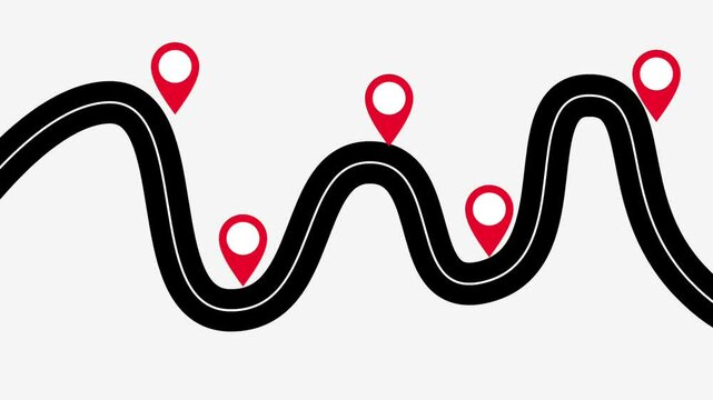 Complex winding road design featuring several location markers, representing a detailed journey with multiple planned stops or turns