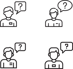 Four person icons with question mark speech bubbles silhouette