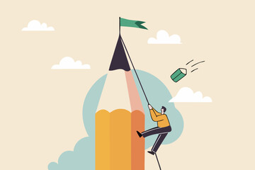 Creative challenge to reach goal and win business, idea, motivation and inspiration to achieve target concept, young creative man climbing pencil mountain to reach winning flag at the peak.