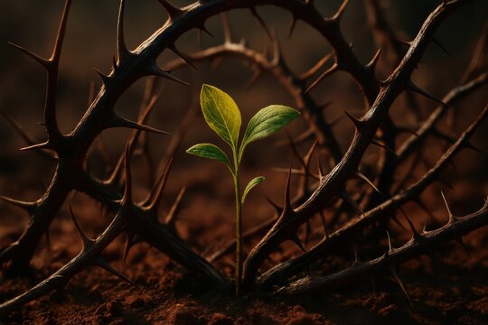 The Parable of the Sower: A tender shoot caught among dry, thorny weeds, their sharp shadows threatening in the late afternoon sun&mdash;symbolizing the struggle of faith amidst worldly distractions.

