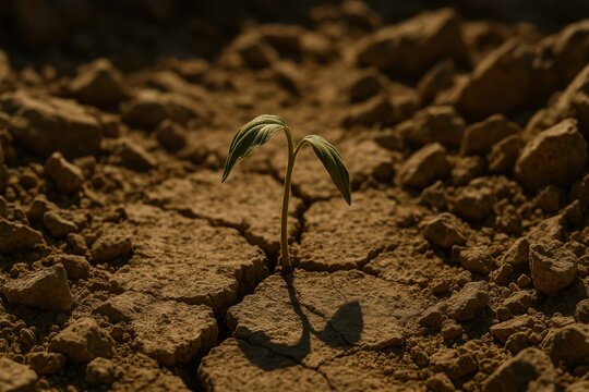 The Parable of the Sower: A single green sprout pushes through cracked rocky soil, vulnerable under the midday sun, struggling in the heat&mdash;symbolizing the fragility of faith in rocky ground.

