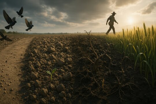 The Parable of the Sower: Four terrains&mdash;footpath with scattered seeds, rocky soil with a struggling sprout, thorny ground with a dying shoot, and fertile soil with lush wheat, as the sower walks in th