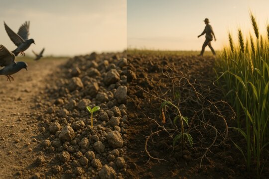 The Parable of the Sower: Four terrains&mdash;footpath with scattered seeds, rocky soil with a struggling sprout, thorny ground with a dying shoot, and fertile soil with lush wheat, as the sower walks in th