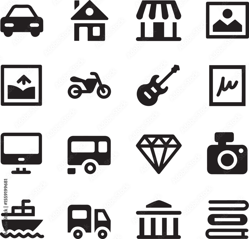 Aufkleber collection of simple black icons representing various objects and concepts silhouette