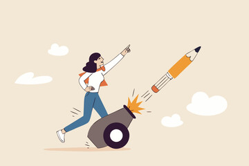 Launch new creativity idea, boost inspiration and challenge, start writing blog, storytelling or create brand concept, motivated creative woman launch new idea by shooting pencil cannon into the sky.