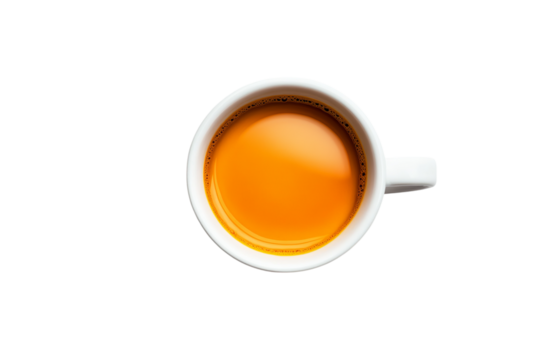 A cup of coffee with an orange liquid inside, against a whit isolated with a black border isolated on a transparent background in PNG format
