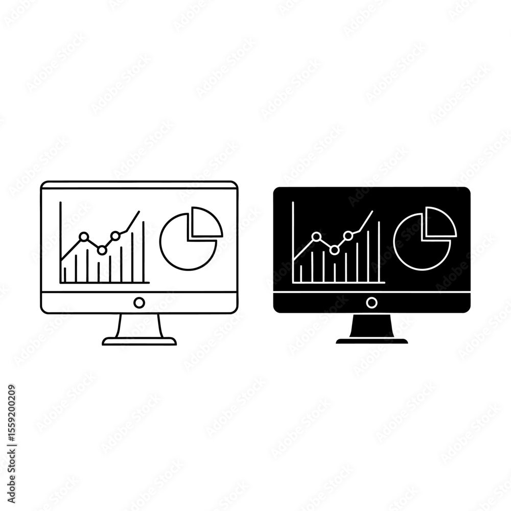 Poster two monitors displaying charts and graphs in black and white line art illustration style design