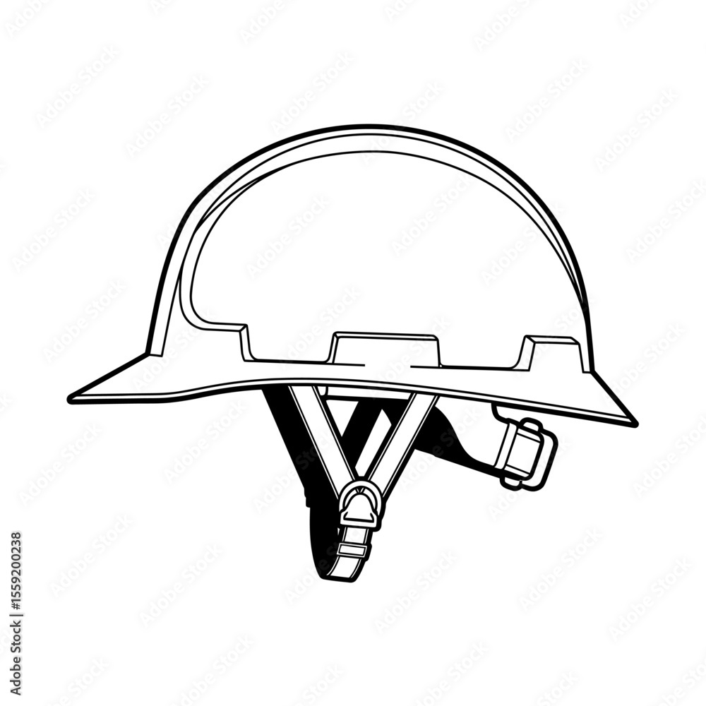 Poster a line drawing of a construction helmet with a black strap on a white background in a vector format