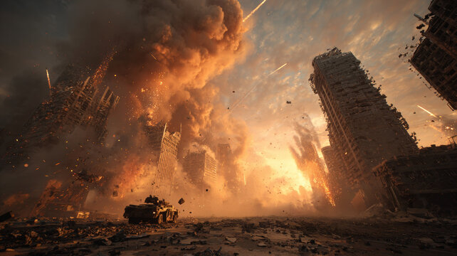 Apocalyptic Explosion in Destroyed Futuristic City with Giant Robot