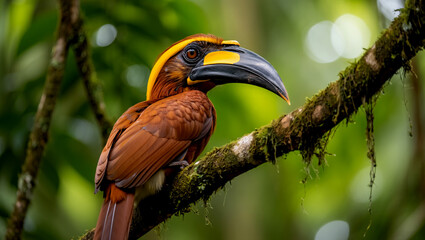 Fototapeta premium Brown hornbill perched on mossy branch bird tropical