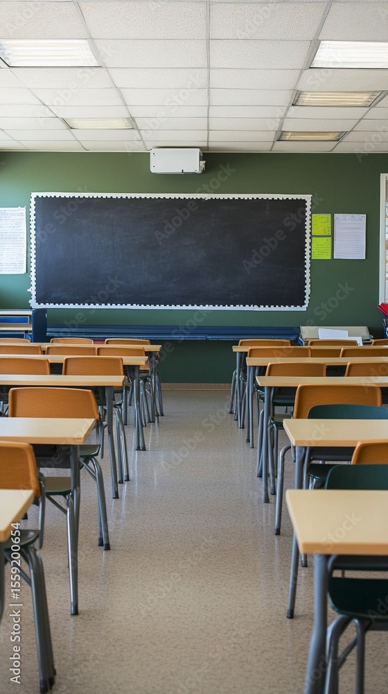 Aufkleber empty classroom with rows of desks facing a blackboard, designed for teaching and learning, reflecti